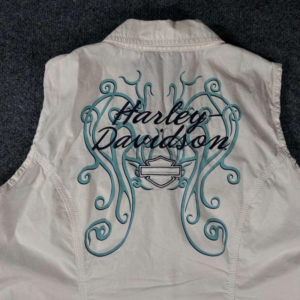 Harley Davidson Sleeveless Zip Up Shirt Embroidered Graphic Cream Large Womens L